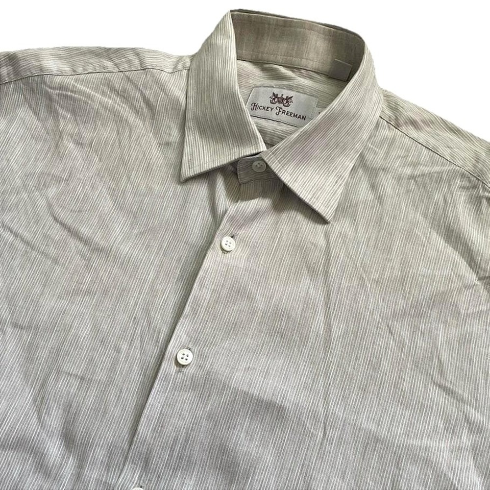 Vtg Hickey Freeman Linen Cotton Dress Shirt Men M 16 Beige Oatmeal Tan Striped